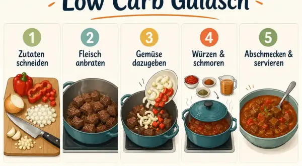 Schritt-für-Schritt-Anleitung für Low Carb Gulasch: Zutaten schneiden, Fleisch anbraten, Gemüse dazugeben, würzen und schmoren, abschmecken und servieren. Perfekt zum Fleisch einkochen.
