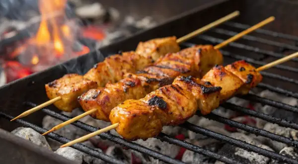 Saftige Schaschlik-Spieße brutzeln über glühender Kohle. Das Aroma von gegrilltem Fleisch steigt auf, während die Flammen im Hintergrund tanzen.