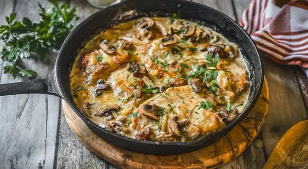 Herzhafte Schnitzelpfanne Landfrauen Art mit Pilzen und cremiger Sauce, garniert mit Petersilie. Ein Klassiker, der immer schmeckt.