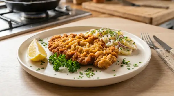 Perfekt gebratenes Schnitzel mit Kartoffelsalat und Zitrone. Ein Genuss, der nach mehr verlangt!