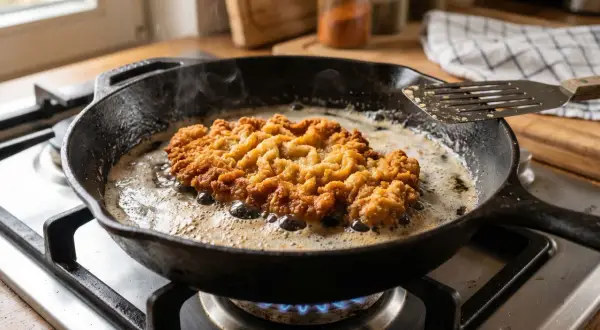 Ein goldbraunes Schnitzel brutzelt in heißem Fett in einer Gusseisenpfanne. Der Duft von frisch zubereitetem Schnitzel machen liegt in der Luft.