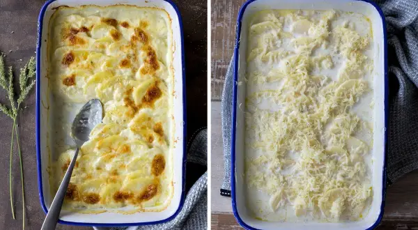 Zwei Auflaufformen mit Kartoffelgratin: einmal fertig gebacken mit goldbrauner Kruste, einmal vor dem Backen mit Käse bestreut. Ein einfaches Kartoffelgratin Rezept.