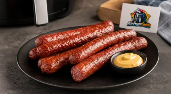 Leckere Cabanossi zubereiten: Fünf gebratene Würstchen auf einem Teller mit Senf. Perfekt für die Heißluftfritteuse.
