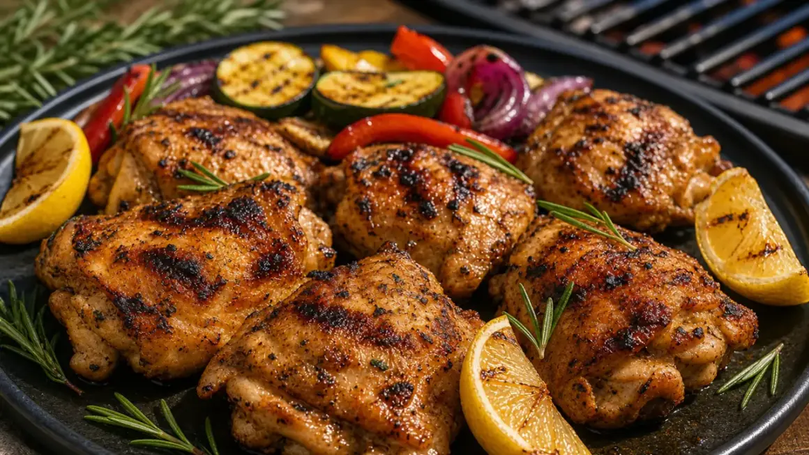 Saftiges pollo fino grillen mit gegrilltem Gemüse, Zitrone und Rosmarin auf einem Teller.