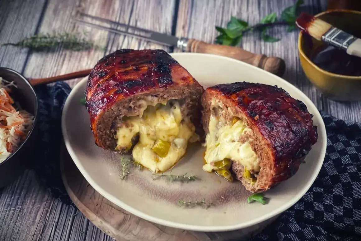 Herzhaft gefüllter Hackbraten, eine wahre "Bacon Bomb", mit geschmolzenem Käse und Paprika.