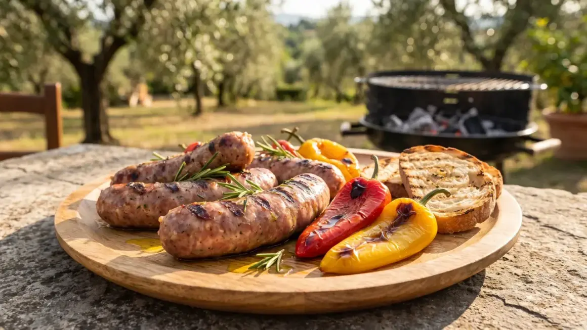 Leckere Salsiccia vom Grill mit geröstetem Brot und Paprika, garniert mit Rosmarin. Ein Genuss im Freien.