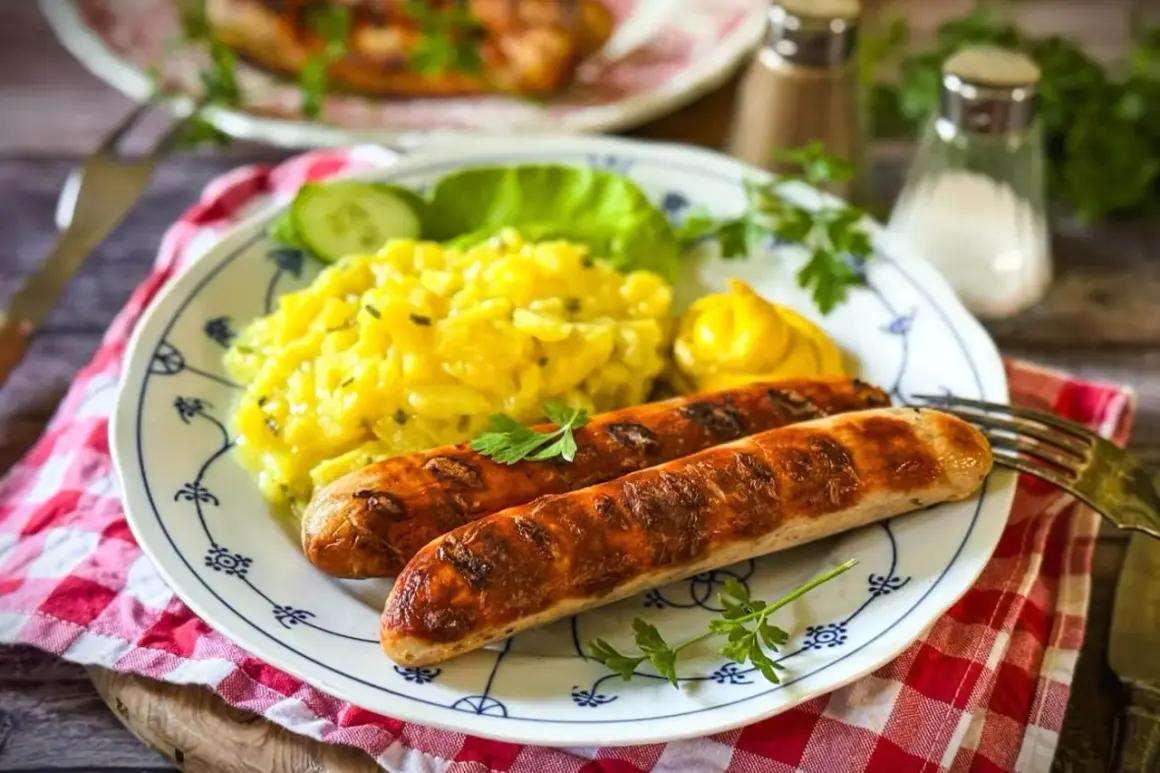 Zwei gebratene Bratwürste mit Kartoffelsalat, Gurkenscheiben, Salatblatt und Senf. Die Bratwurst Zutaten sind hier perfekt kombiniert.