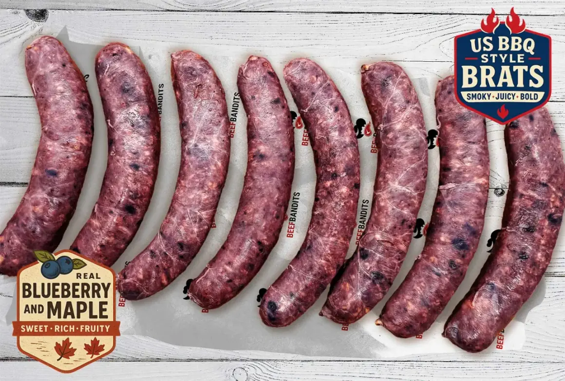 Zehn rohe US BBQ Style Brats, Blueberry & Maple Geschmack. Das bratwurst gewicht ist perfekt für den Grill.