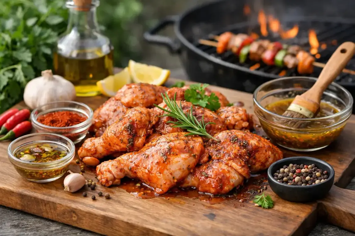Marinierte Hähnchenteile liegen bereit zum Grillen. Gewürze, Kräuter und eine Marinade deuten auf köstliches Grillfleisch einlegen hin.
