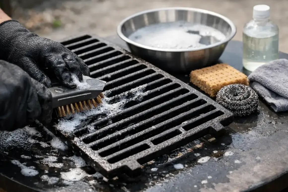 Mit schwarzer Handschuh wird der Grillrost gereinigt. Seife und Bürste helfen, ihn wieder sauber zu bekommen.