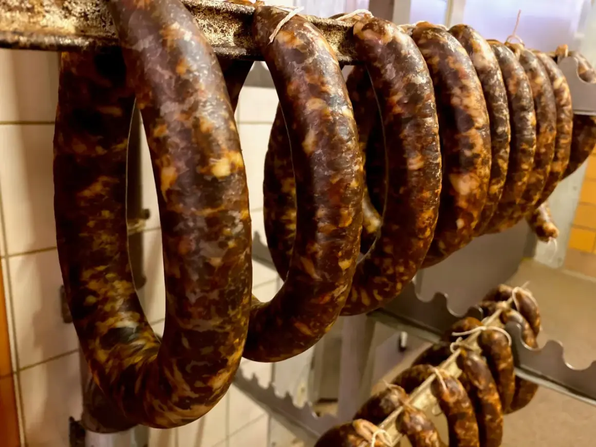 Reife, dunkle Würste hängen an einer Stange. Sie sehen aus wie eine traditionelle Chorizo, die zum Trocknen bereit ist.
