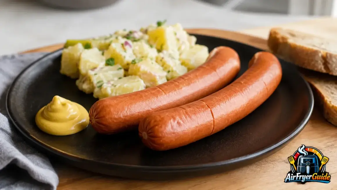 Zwei Wiener Würstchen mit Kartoffelsalat und Senf. Perfekt, wenn man wissen möchte, wie lange Wiener kochen.