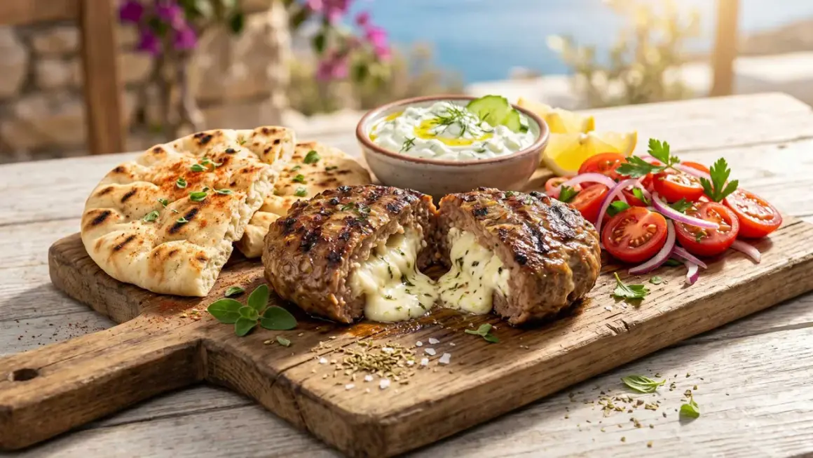 Saftiges Bifteki vom Grill, gefüllt mit geschmolzenem Käse, serviert mit Pitabrot, Tzatziki und Tomatensalat. Ein Genuss!