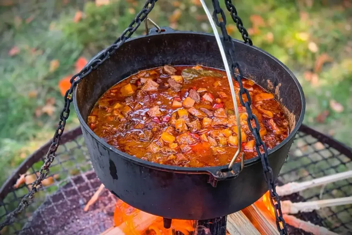 Herzhaftes Kesselgulasch-Rezept, das über offenem Feuer in einem Gusseisentopf köchelt. Fleischstücke, Kartoffeln und Paprika in einer würzigen Sauce.