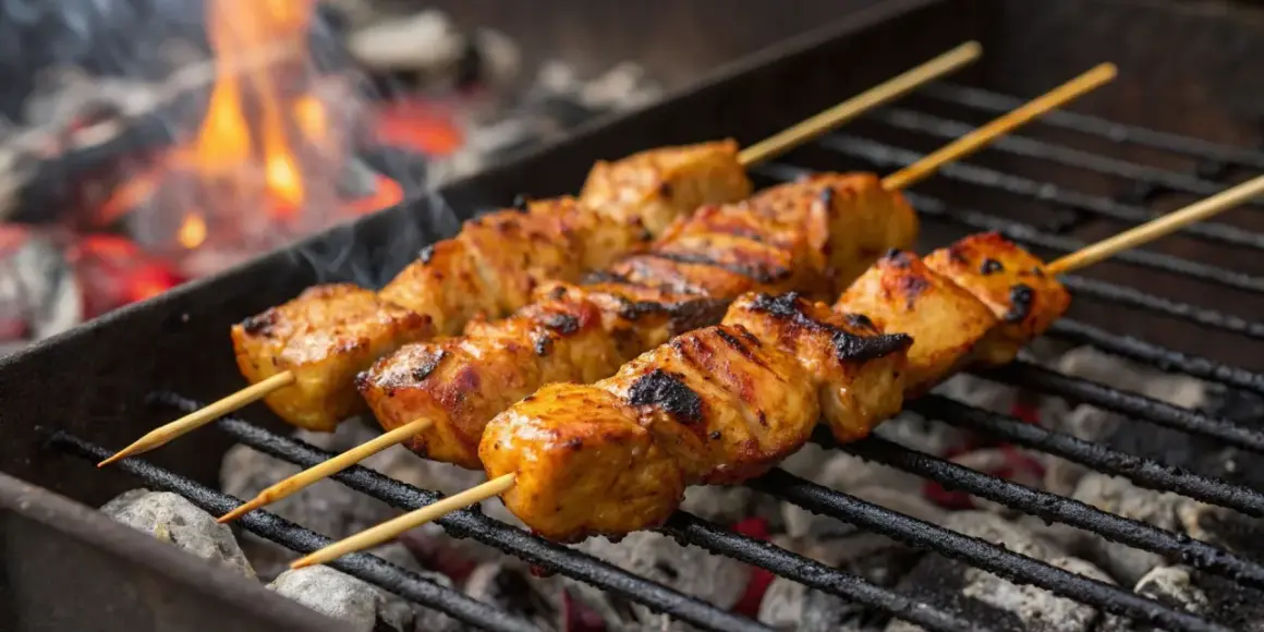 Saftige Schaschlik-Spieße brutzeln über glühender Kohle. Das Aroma von gegrilltem Fleisch steigt auf, während die Flammen im Hintergrund tanzen.