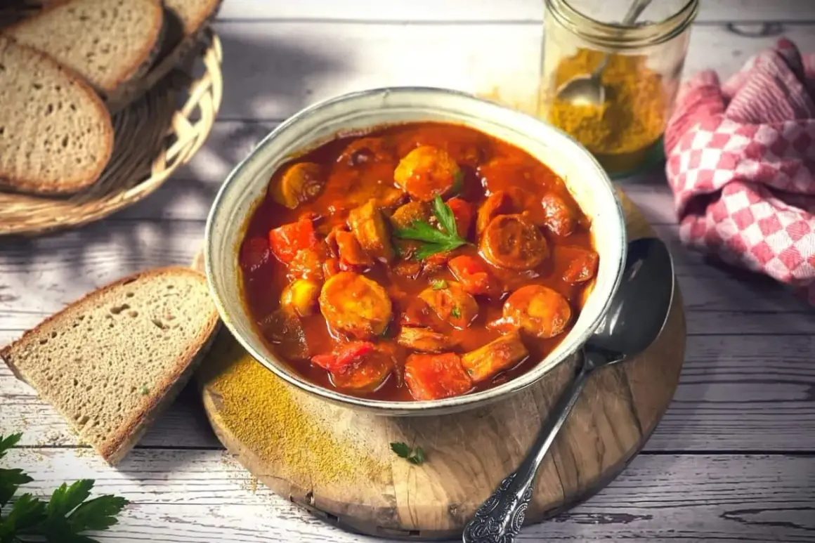 Herzhaftes Currywurst Gulasch mit Brot und Currypulver.