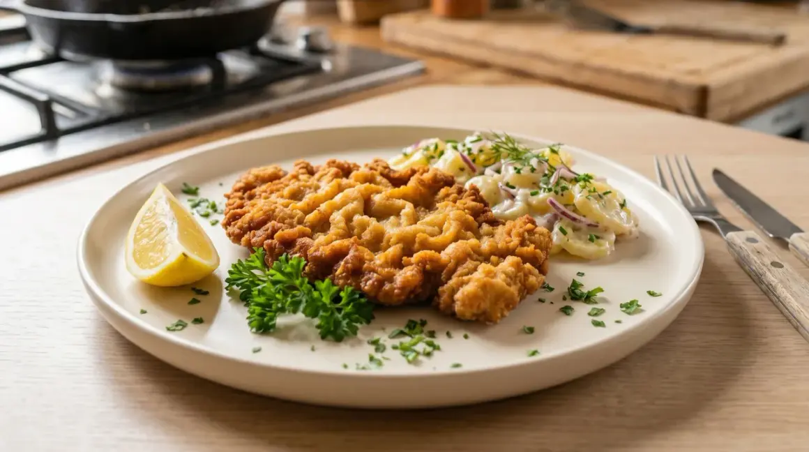 Perfekt gebratenes Schnitzel mit Kartoffelsalat und Zitrone. Ein Genuss, der nach mehr verlangt!