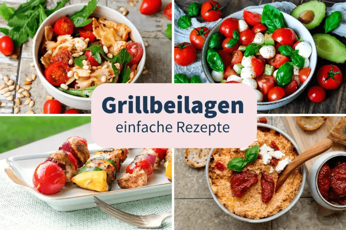 Vier leckere Ideen für schnelle Beilagen zum Grillen: Nudelsalat, Caprese, Spieße und Dip.