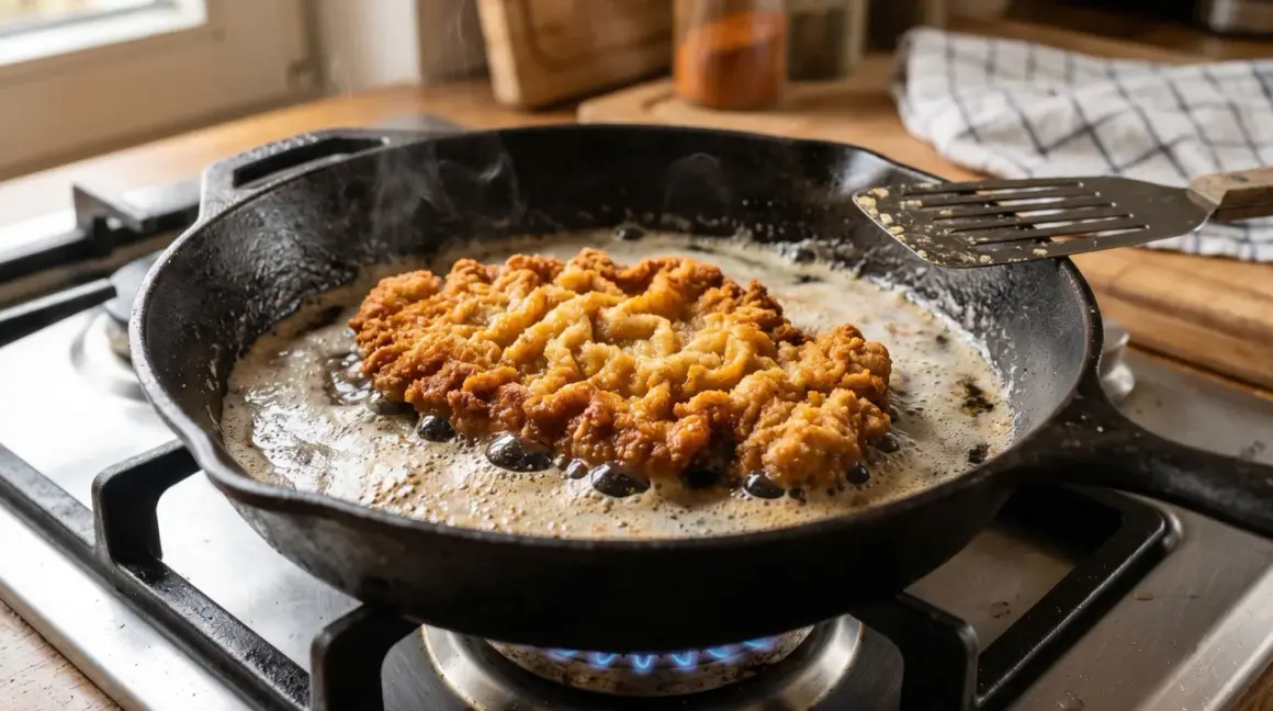 Ein goldbraunes Schnitzel brutzelt in heißem Fett in einer Gusseisenpfanne. Der Duft von frisch zubereitetem Schnitzel machen liegt in der Luft.