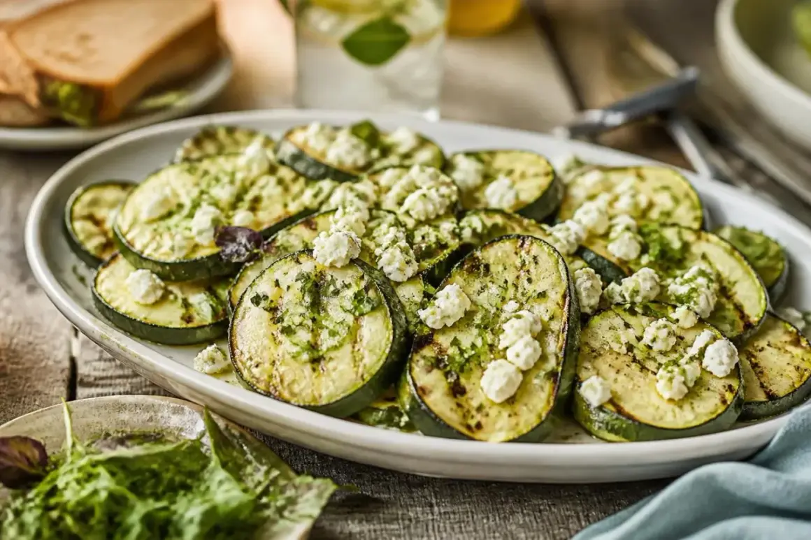 Gegrillte Zucchinischeiben mit zerbröseltem Feta und Kräutern, ein köstliches Gericht für den Sommer.