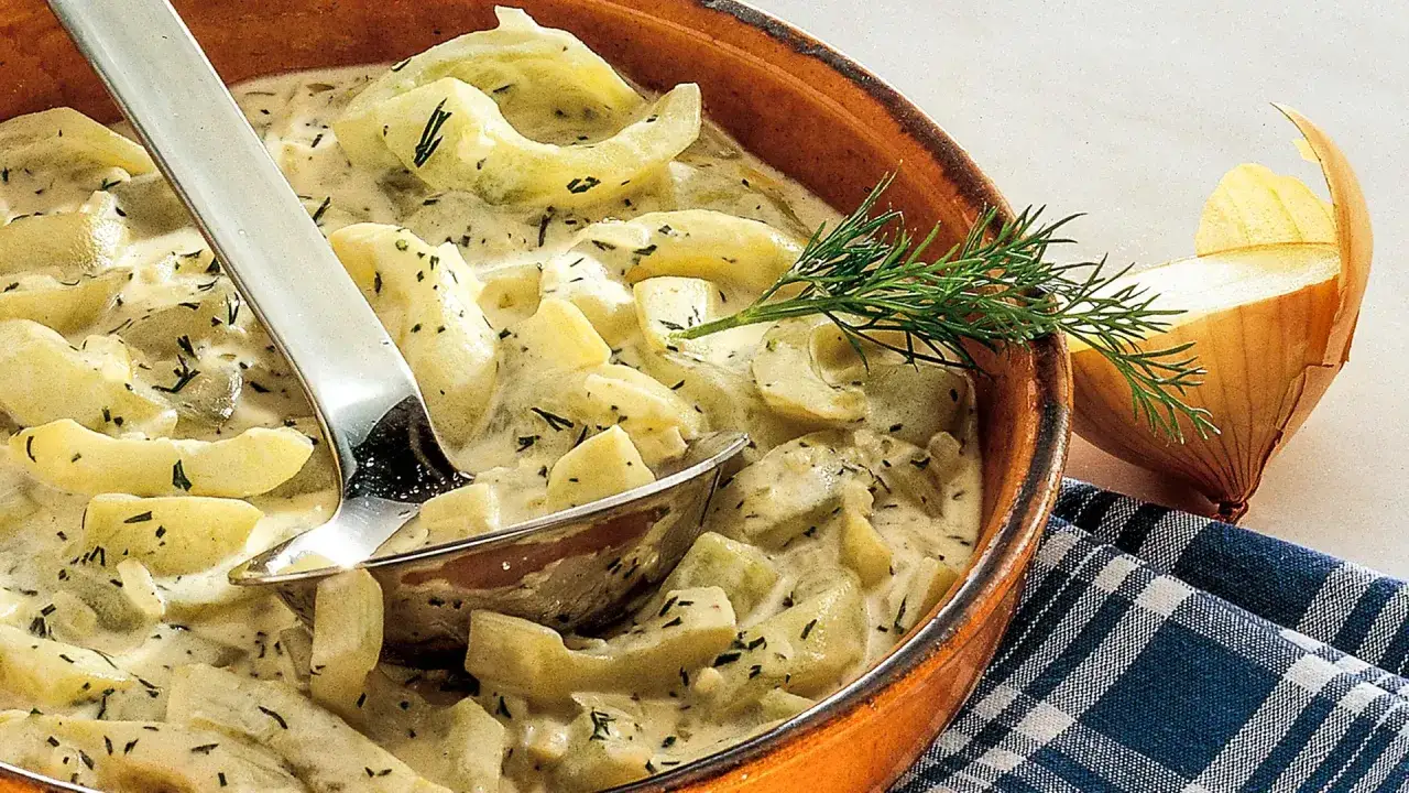 Cremige Schmorgurken mit Hackfleisch und Kartoffeln, garniert mit Dill. Daneben eine Zwiebel und ein kariertes Tuch.