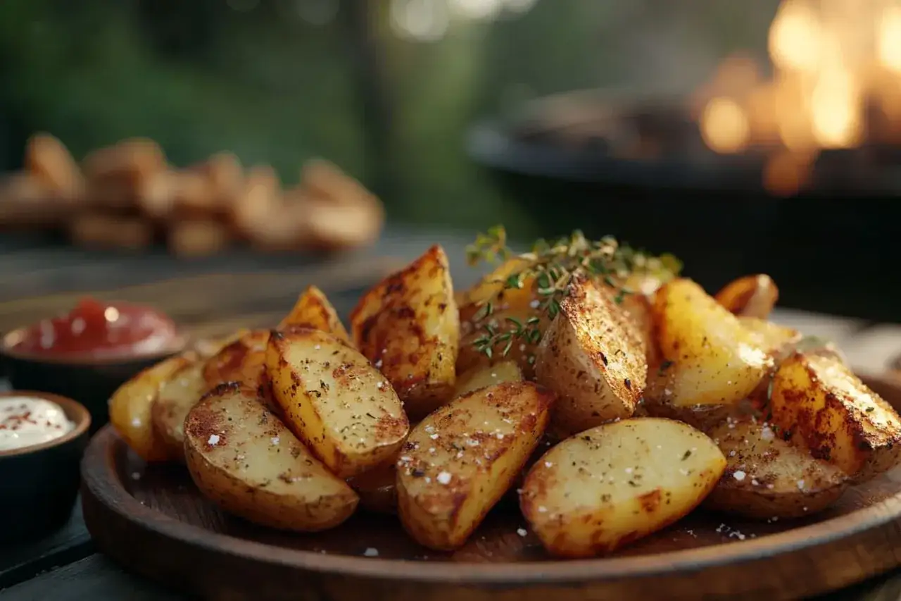 Leckere Kartoffelspalten, perfekt gegrillt, liegen auf einem Holzteller. Im Hintergrund lodert das Feuer des Grills.