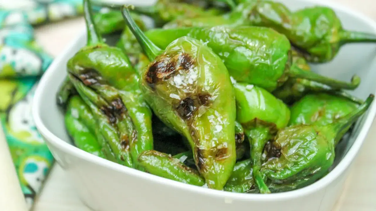 Schüssel mit leuchtend grünen, gegrillten Pimientos, bestreut mit grobem Salz. Einige sind leicht angekohlt, was auf das pimientos grillen hindeutet.