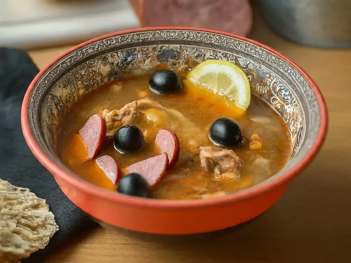 Eine Schüssel Soljanka mit Wurst, Oliven und Zitrone. Diese herzhafte Suppe ist ein Genuss!