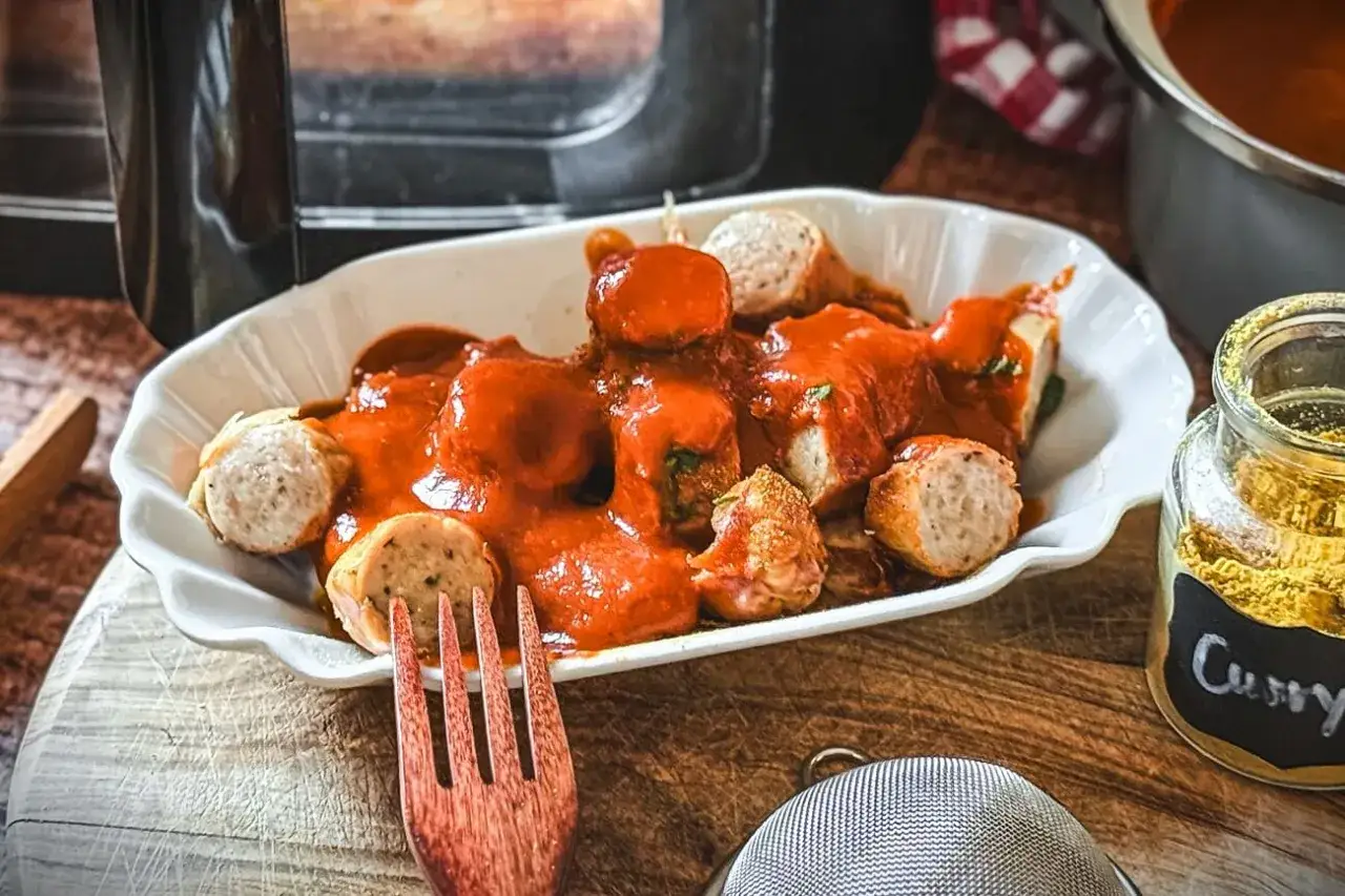 Currywurst im Airfryer, lecker und schnell zubereitet, mit viel Sauce und Currypulver daneben.