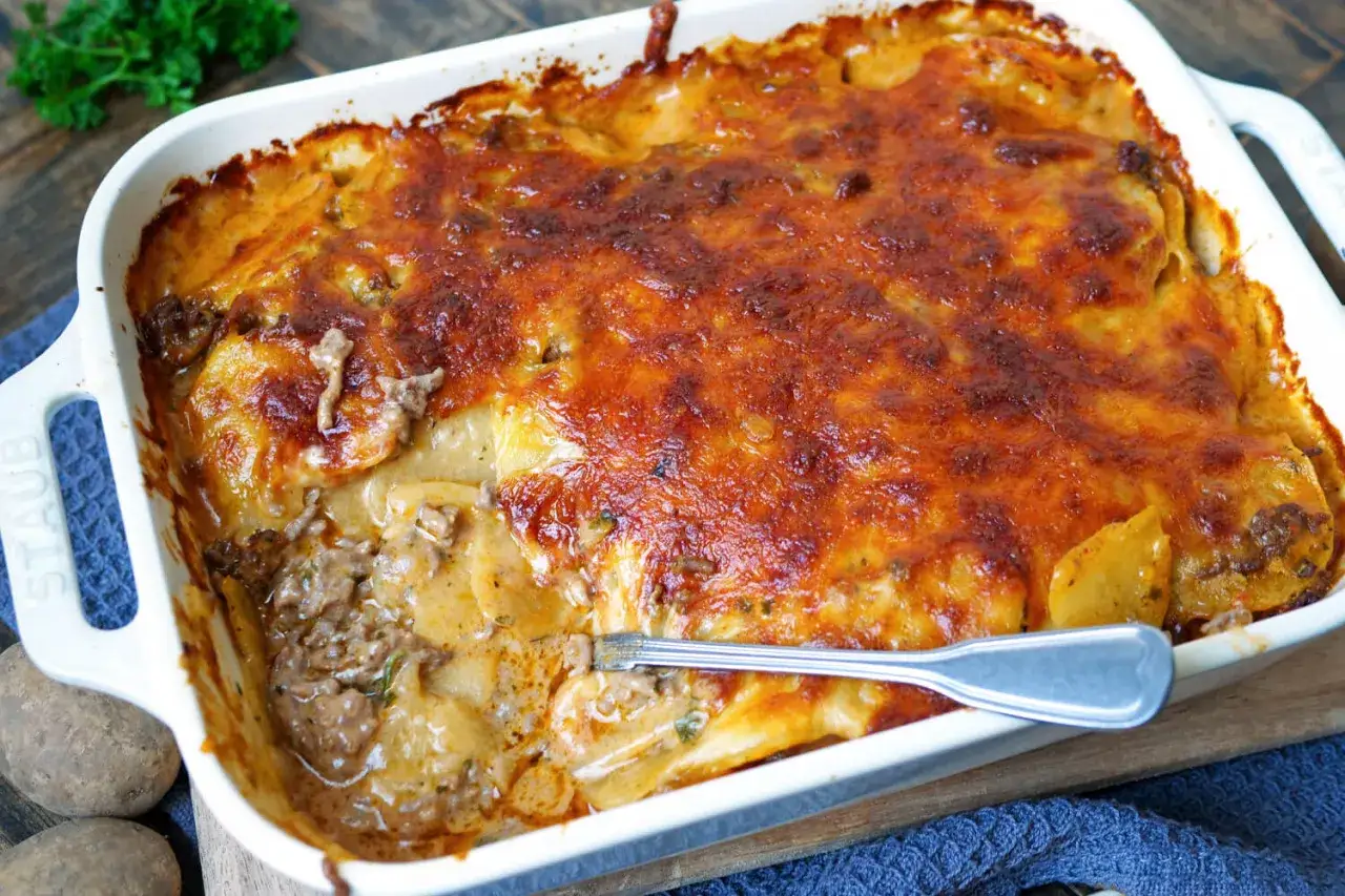 Herzhafter Auflauf mit Kartoffeln und Hackfleisch, &uuml;berbacken mit goldbraunem K&auml;se. Ein klassisches Gericht, das zu den beliebtesten Auflauf Rezepten mit Fleisch z&auml;hlt.