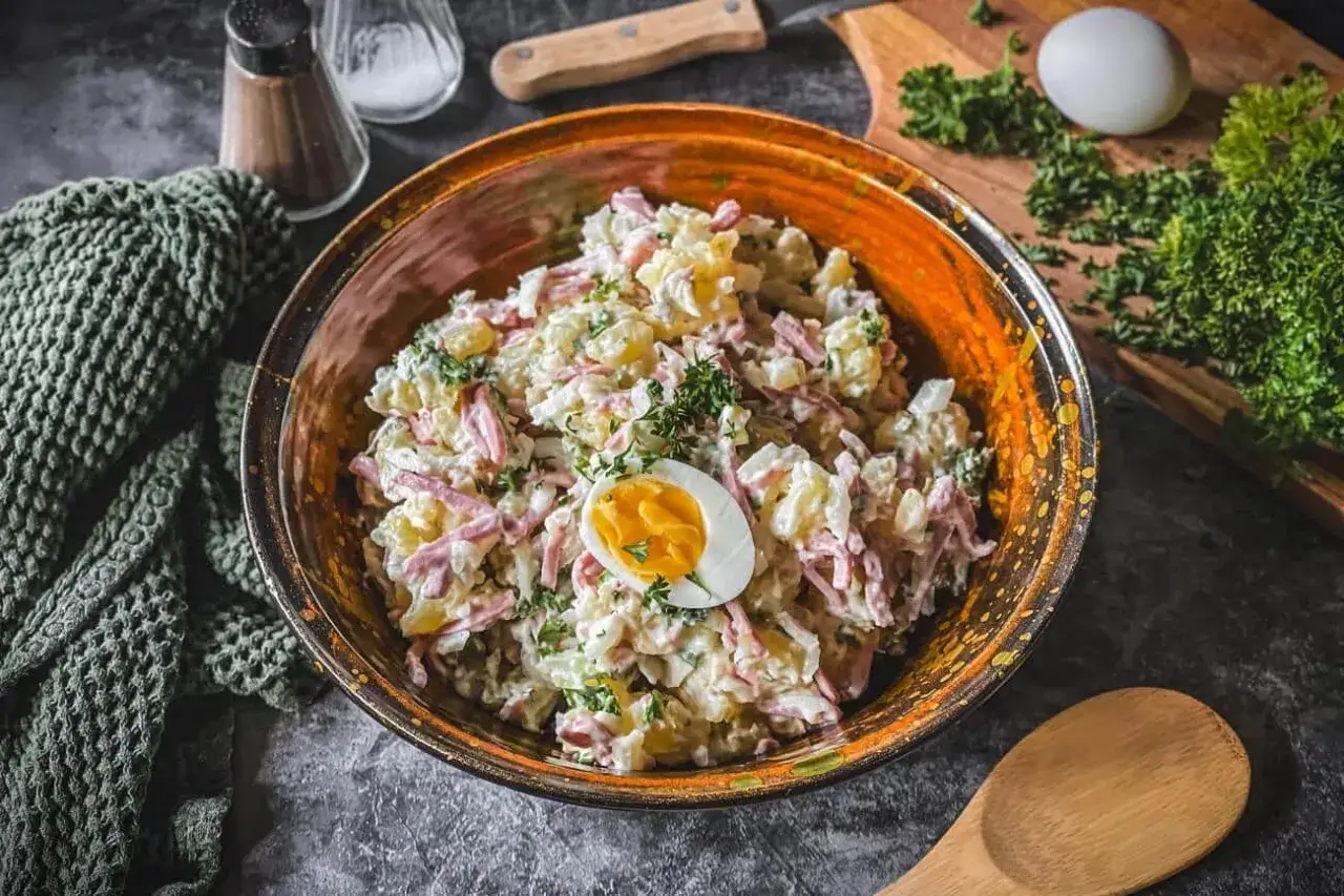 Schüssel mit Kartoffelsalat und Fleischsalat, garniert mit einem halben Ei und Petersilie.