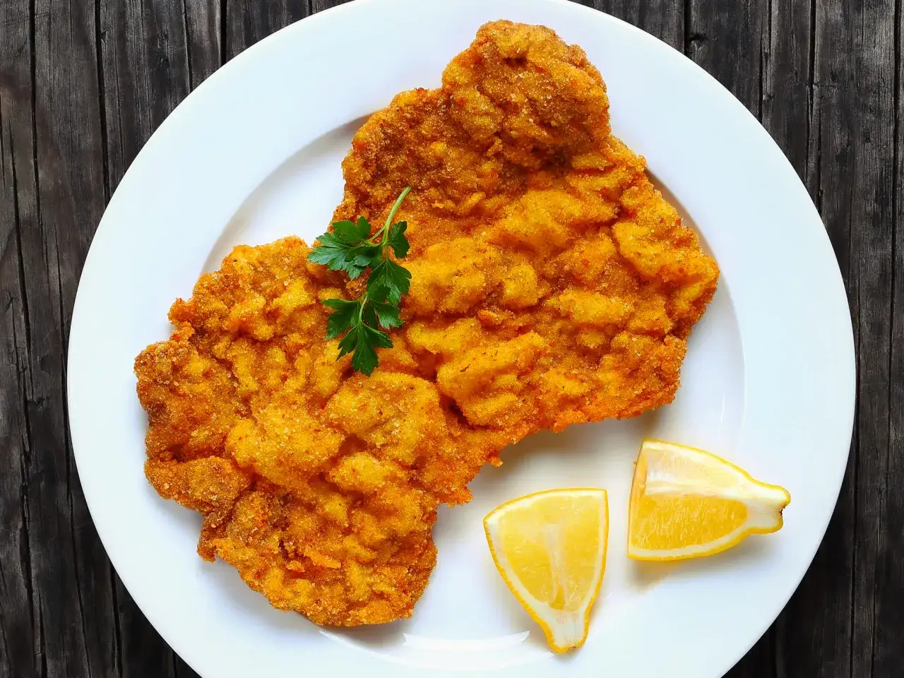 Ein goldbraunes Schnitzel, perfekt zum Schnitzel machen, liegt auf einem weißen Teller, garniert mit Petersilie und Zitronenspalten.