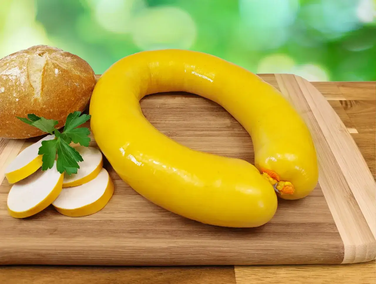 Ein Ring Gelbwurst liegt auf einem Holzbrett neben einem Brötchen und Petersilie. Was ist Gelbwurst? Eine bayerische Spezialität!
