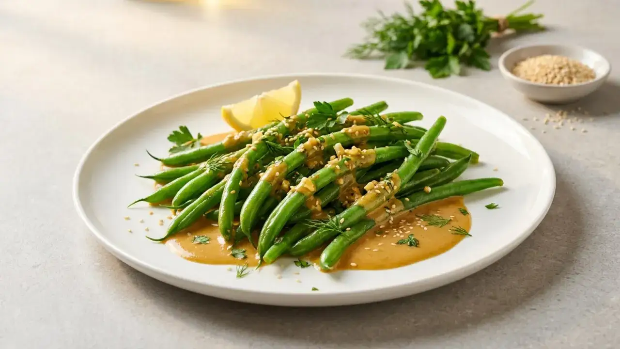 Grüne Bohnen mit einer cremigen Sauce, garniert mit Sesam und Dill. Ein Hauch Zitrone rundet das Gericht ab. Perfekt zum Bohne grillen.