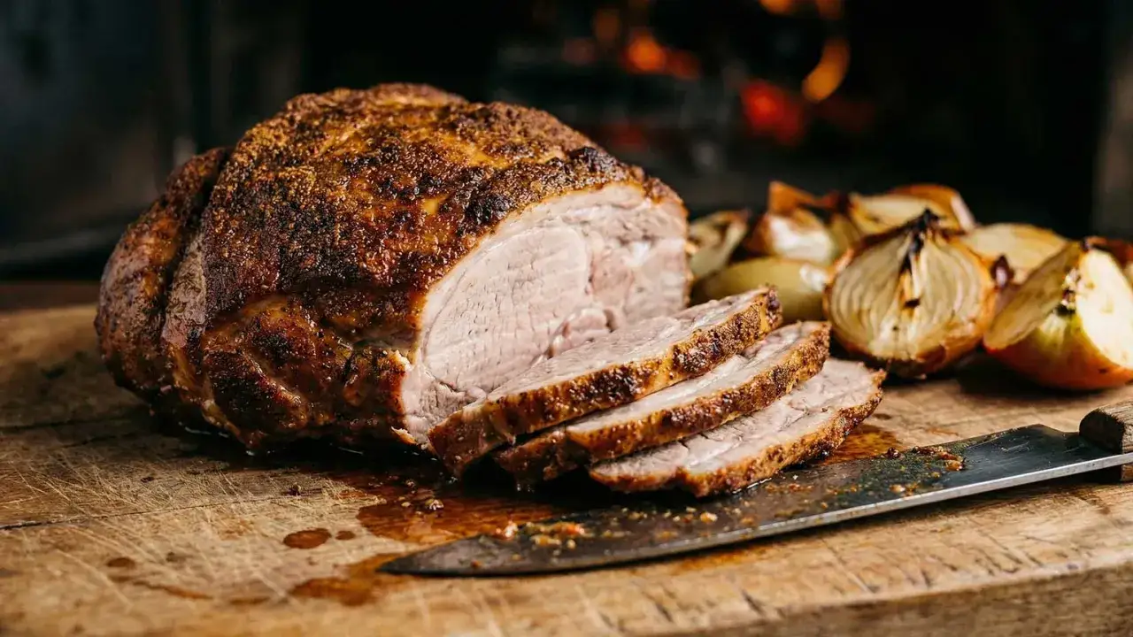 Saftiges Nackensteak grillen, perfekt gebräunt und auf einem Holzbrett mit gegrillten Zwiebeln und einem Messer angerichtet.