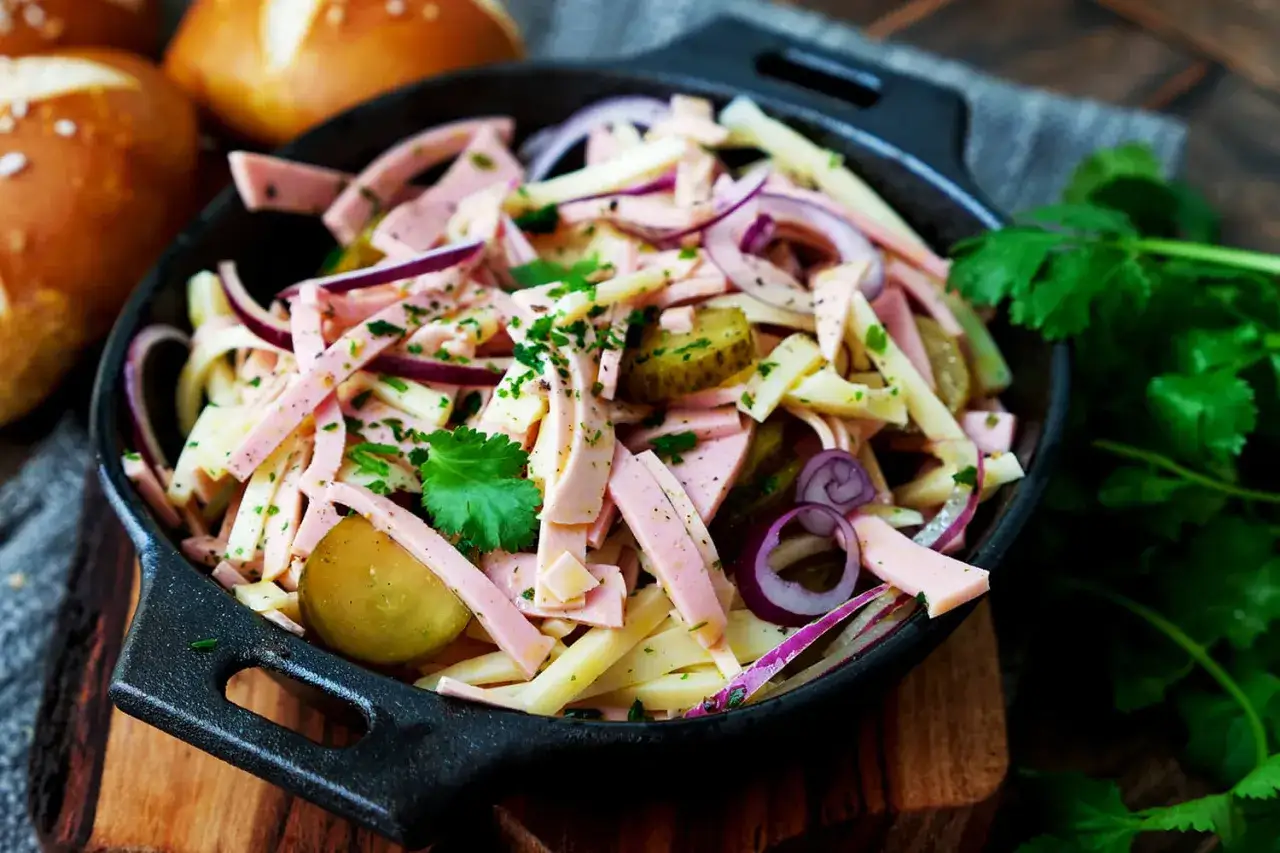 Ein herzhafter Schweizer Wurstsalat mit Käse, Gurken und roten Zwiebeln, garniert mit Petersilie.