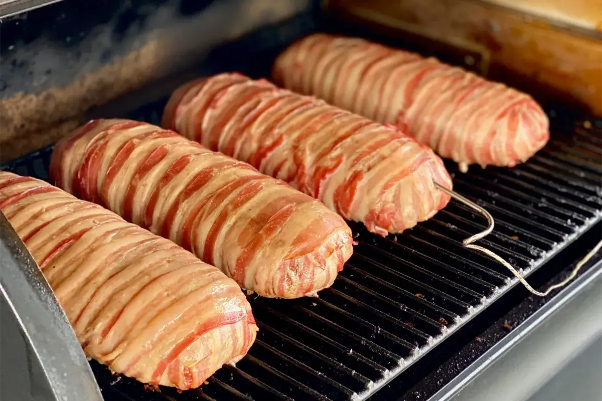 Vier Fleischrollen, umwickelt mit Bacon, liegen auf einem Grill. Diese Bacon Bombs sind bereit für die Zubereitung.