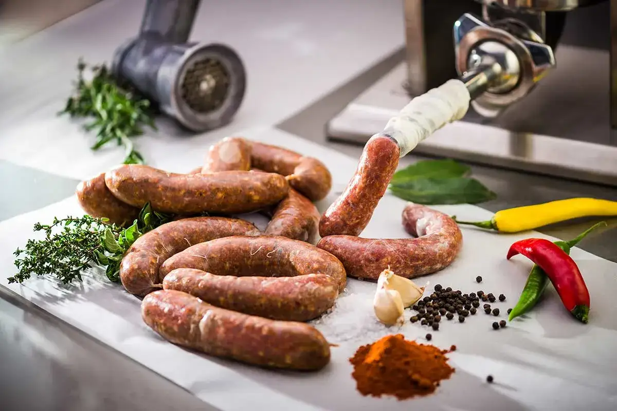 Frisch hergestellte Chorizo-Würste werden aus einer Wurstmaschine gefüllt. Gewürze wie Paprika, Pfeffer und Kräuter liegen daneben.