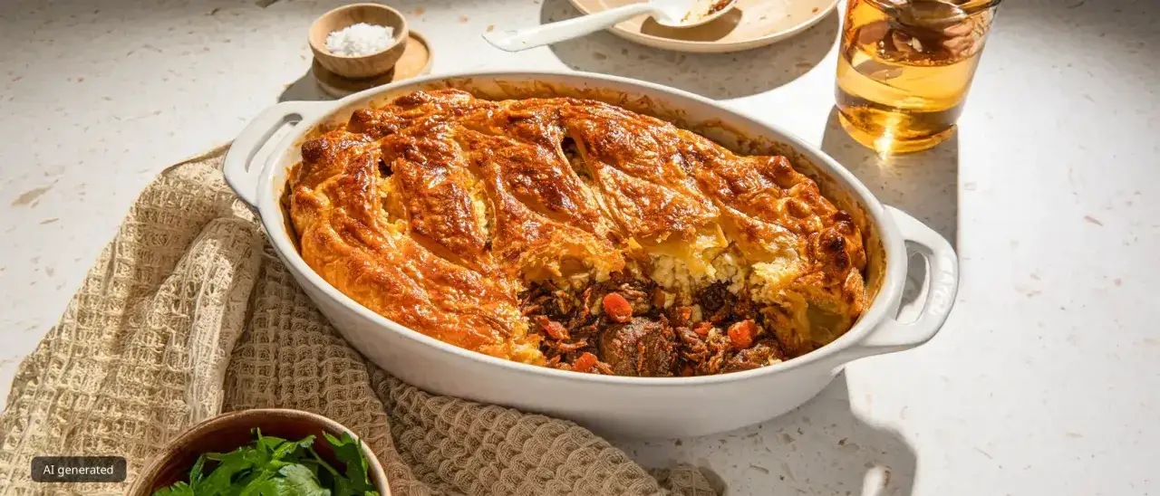 Herzhaftes Steak Pie mit goldbraunem Blätterteig, gefüllt mit zartem Fleisch und Gemüse. Ein Genuss für jeden Anlass.