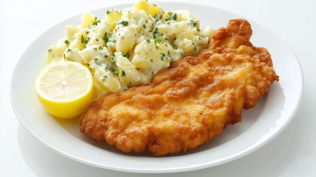 Knuspriges Putenschnitzel mit Kartoffelsalat und Zitrone. Ein Klassiker, der Lust auf mehr macht – tolle Putenschnitzel Rezepte!