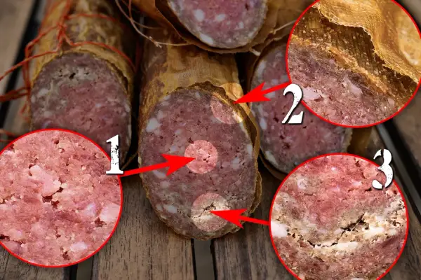 Verdorbene Salami: Nahaufnahmen zeigen Anzeichen, dass kann salami schlecht werden. Rote Kreise markieren verdächtige Stellen.