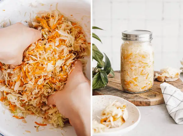 Hände verarbeiten Weißkohl und Karotten für ein einfaches Sauerkraut-Rezept. Ein Glas gefüllt mit dem fermentierten Kohl steht bereit.