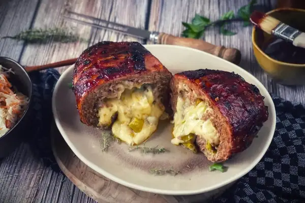 Herzhaft gefüllter Hackbraten, eine wahre "Bacon Bomb", mit geschmolzenem Käse und Paprika.