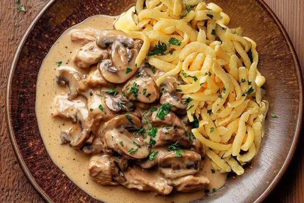Ein köstliches Schweinegeschnetzeltes Rezept mit cremiger Pilzsoße und Spätzle, garniert mit frischer Petersilie.