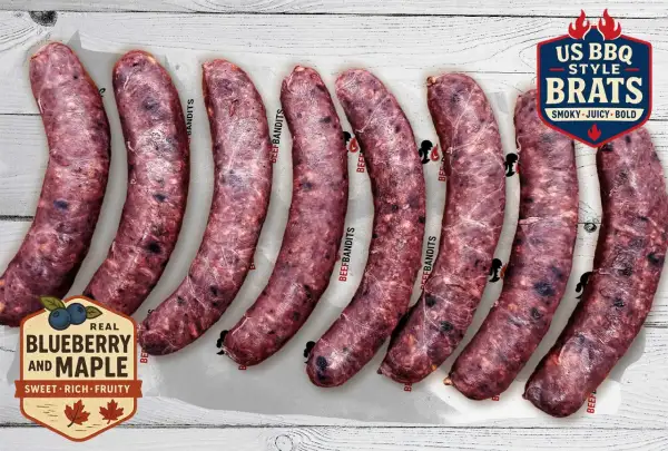 Zehn rohe US BBQ Style Brats, Blueberry & Maple Geschmack. Das bratwurst gewicht ist perfekt für den Grill.