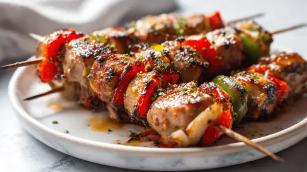 Saftige Schaschlik-Spieße mit Paprika und Zwiebeln, perfekt im Airfryer zubereitet, glänzen auf einem Teller.