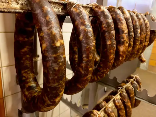 Reife, dunkle Würste hängen an einer Stange. Sie sehen aus wie eine traditionelle Chorizo, die zum Trocknen bereit ist.