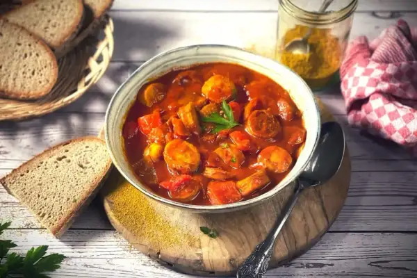 Herzhaftes Currywurst Gulasch mit Brot und Currypulver.