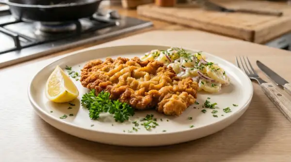 Perfekt gebratenes Schnitzel mit Kartoffelsalat und Zitrone. Ein Genuss, der nach mehr verlangt!