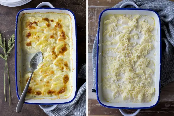 Zwei Auflaufformen mit Kartoffelgratin: einmal fertig gebacken mit goldbrauner Kruste, einmal vor dem Backen mit Käse bestreut. Ein einfaches Kartoffelgratin Rezept.